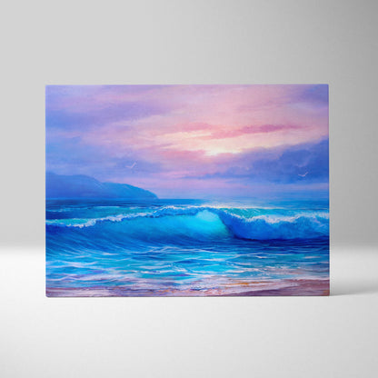 Pastel ocean waves at sunrise painting wall art featuring vibrant swirling blues and purples under soft pink sky canvas print