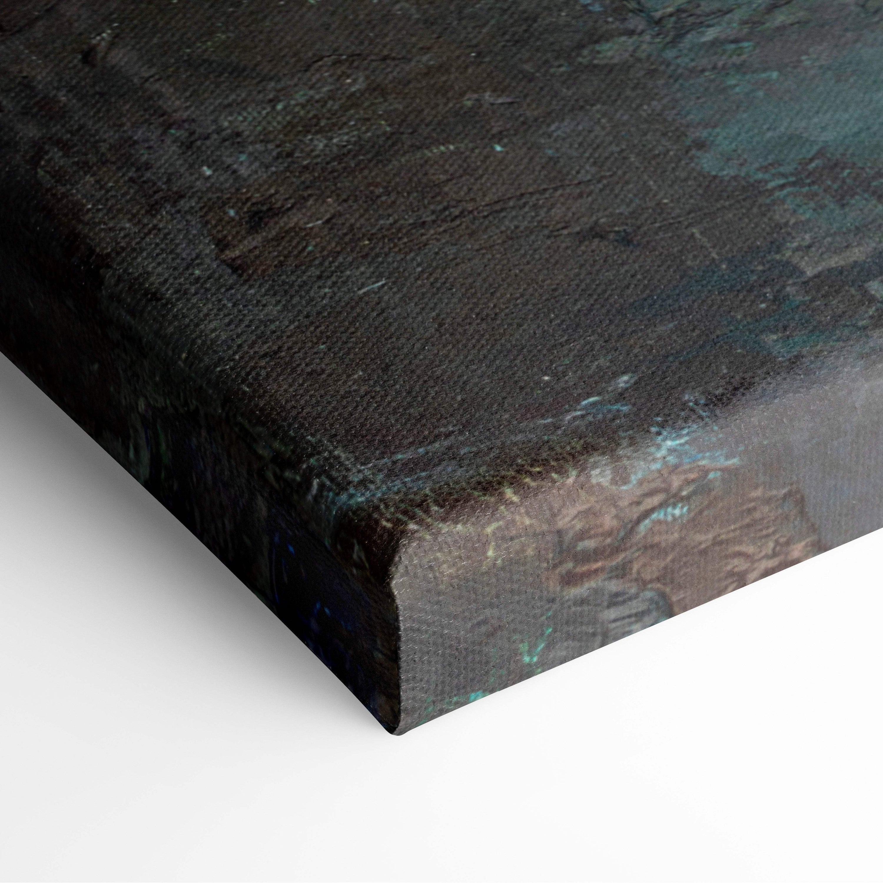 Muted coastal abstract painting style wall art with dark textured canvas in deep blacks browns and hints of teal