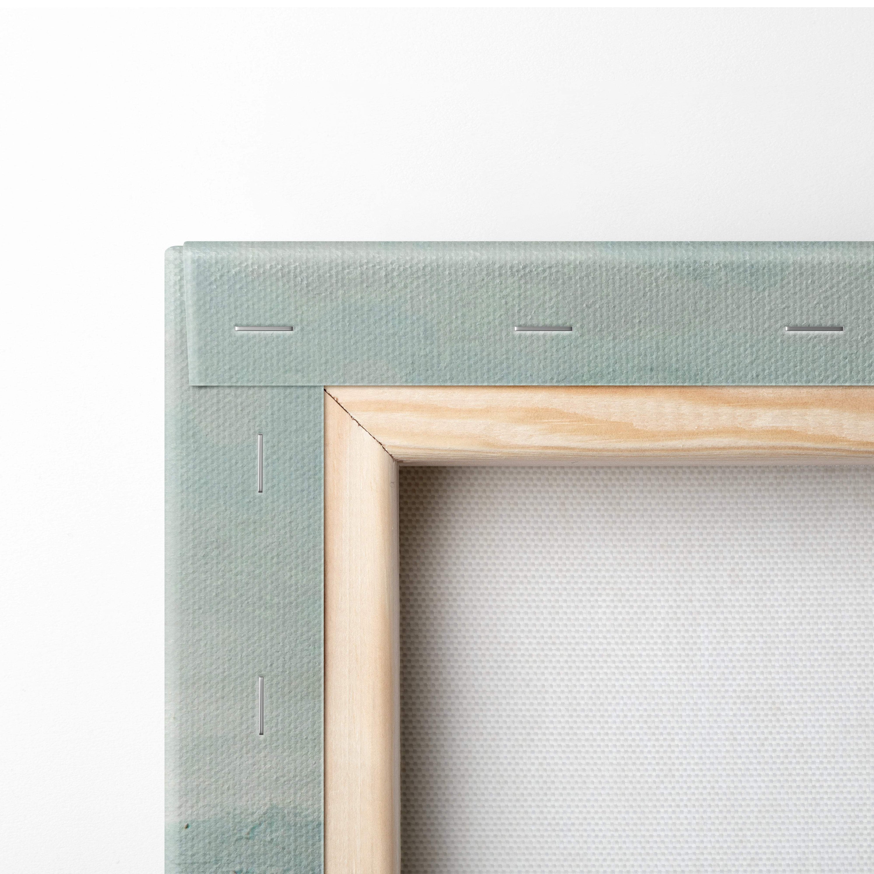 Minimalist canvas art frame with light green textured border and natural wood edge for muted coastal abstract painting