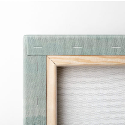 Minimalist canvas art frame with light green textured border and natural wood edge for muted coastal abstract painting
