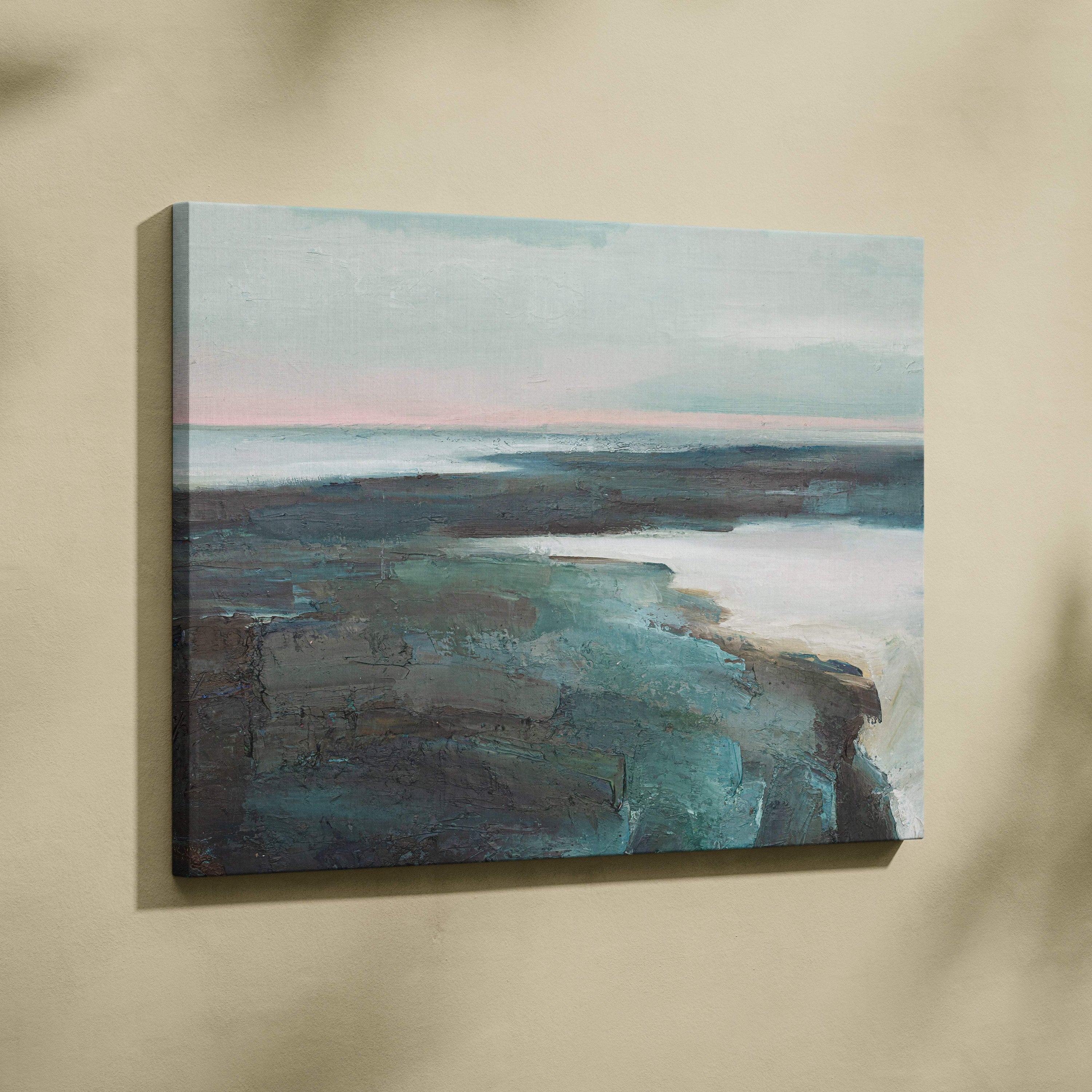 Abstract coastal landscape canvas painting with textured brushstrokes in muted teal gray and soft pink hues