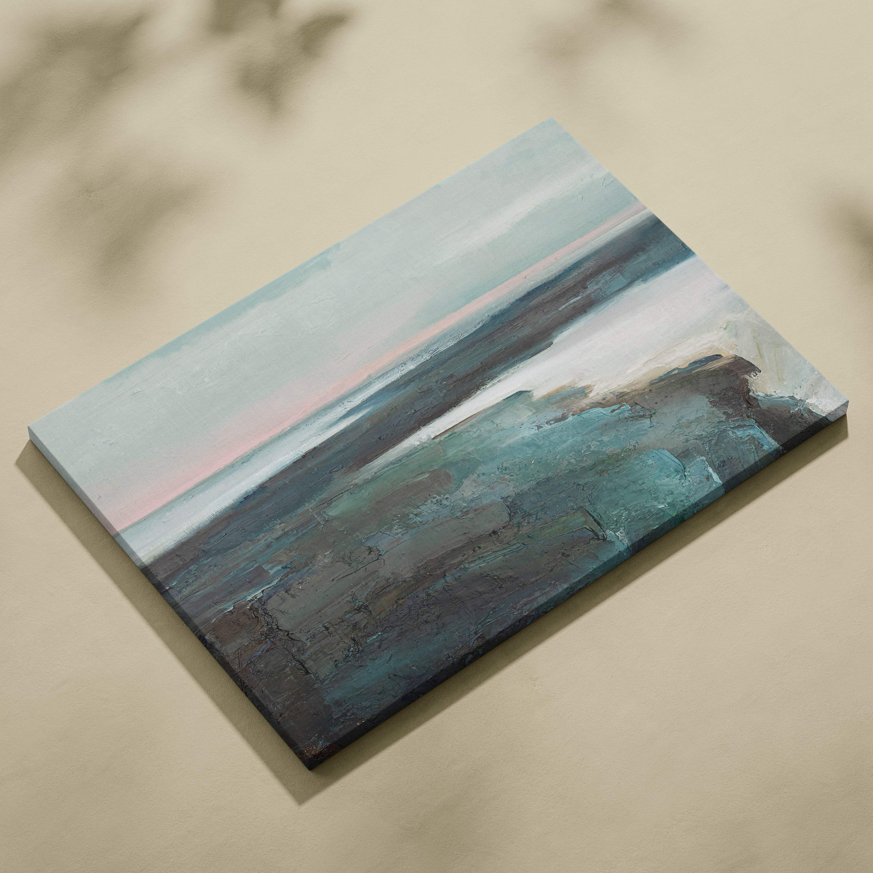 Abstract landscape painting on stretched canvas with textured brushstrokes in teal gray and soft pink for coastal decor