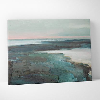 Abstract landscape painting on stretched canvas with textured brushstrokes in muted teal gray and soft pink hues