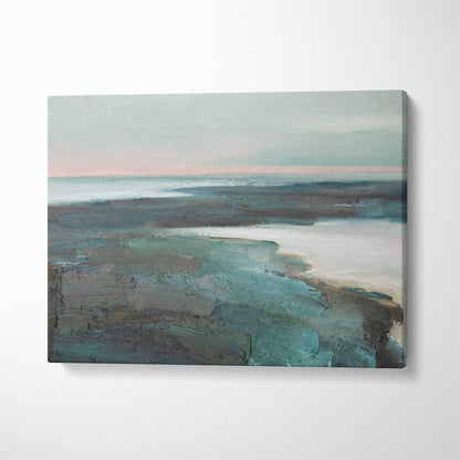 Abstract landscape canvas painting with textured brushstrokes in muted teal gray and soft pink for minimalist wall art