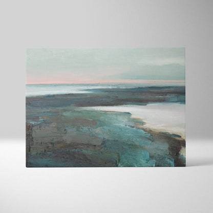 Muted coastal abstract painting style wall art with textured brushstrokes in teal gray and soft pink canvas print
