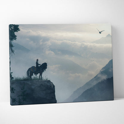 Rectangular canvas art showing a lone rider on horseback and eagle flying over misty mountain peaks for wall decor