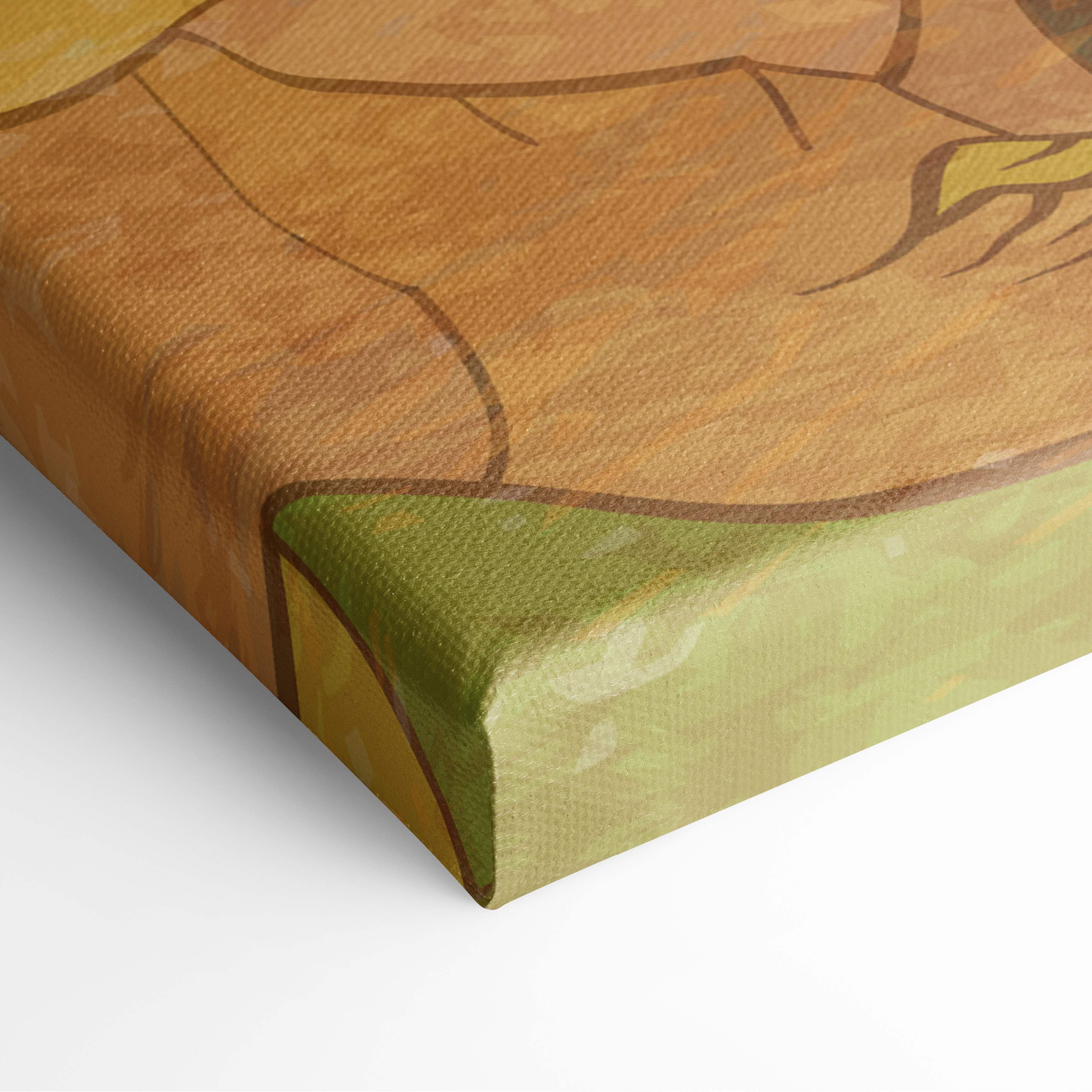 Vintage japanese gathering canvas print with stylized character in warm brown and green tones for traditional decor