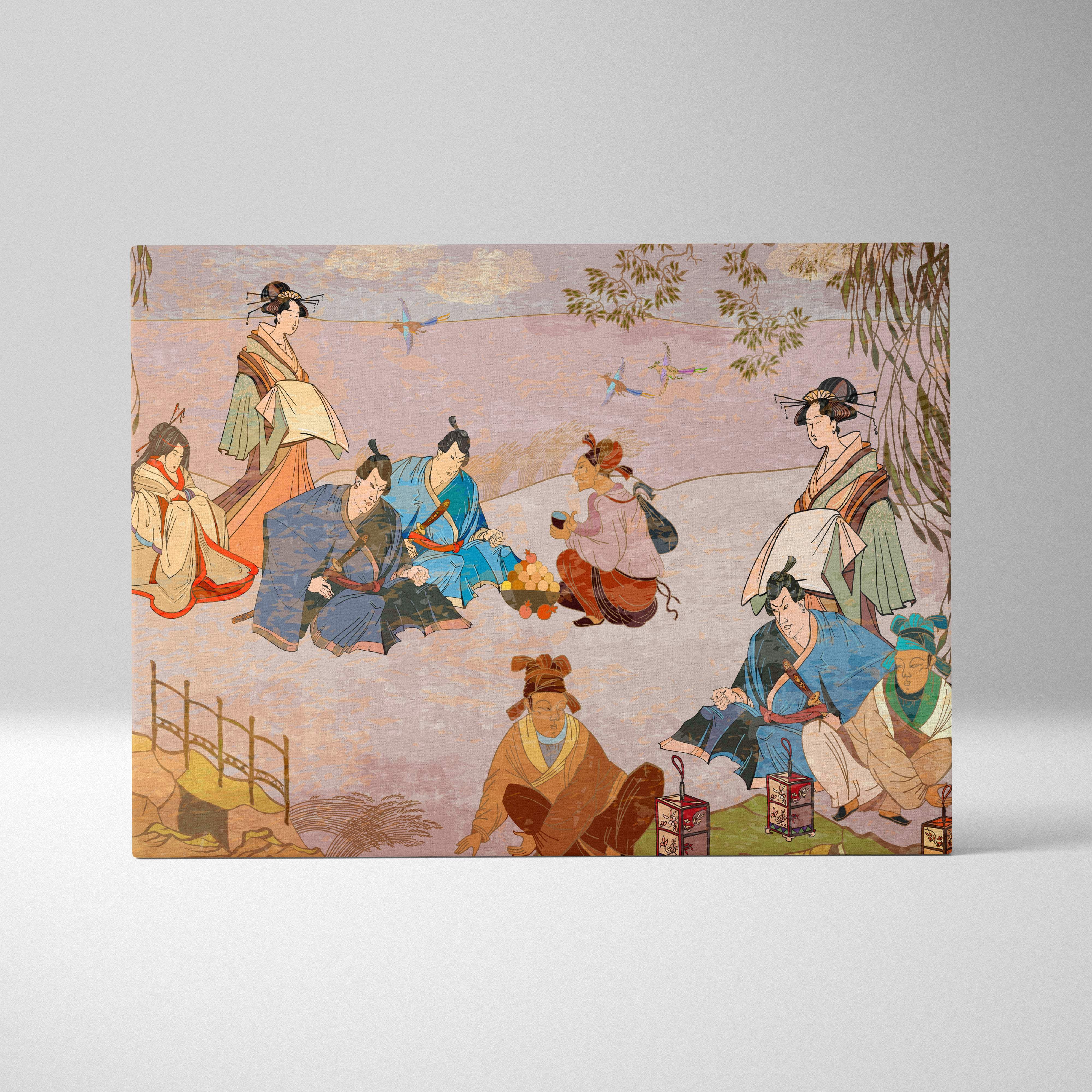 A rectangular canvas print of vintage japanese gathering in soft gold ukiyo-e style with colorful kimonos outdoors
