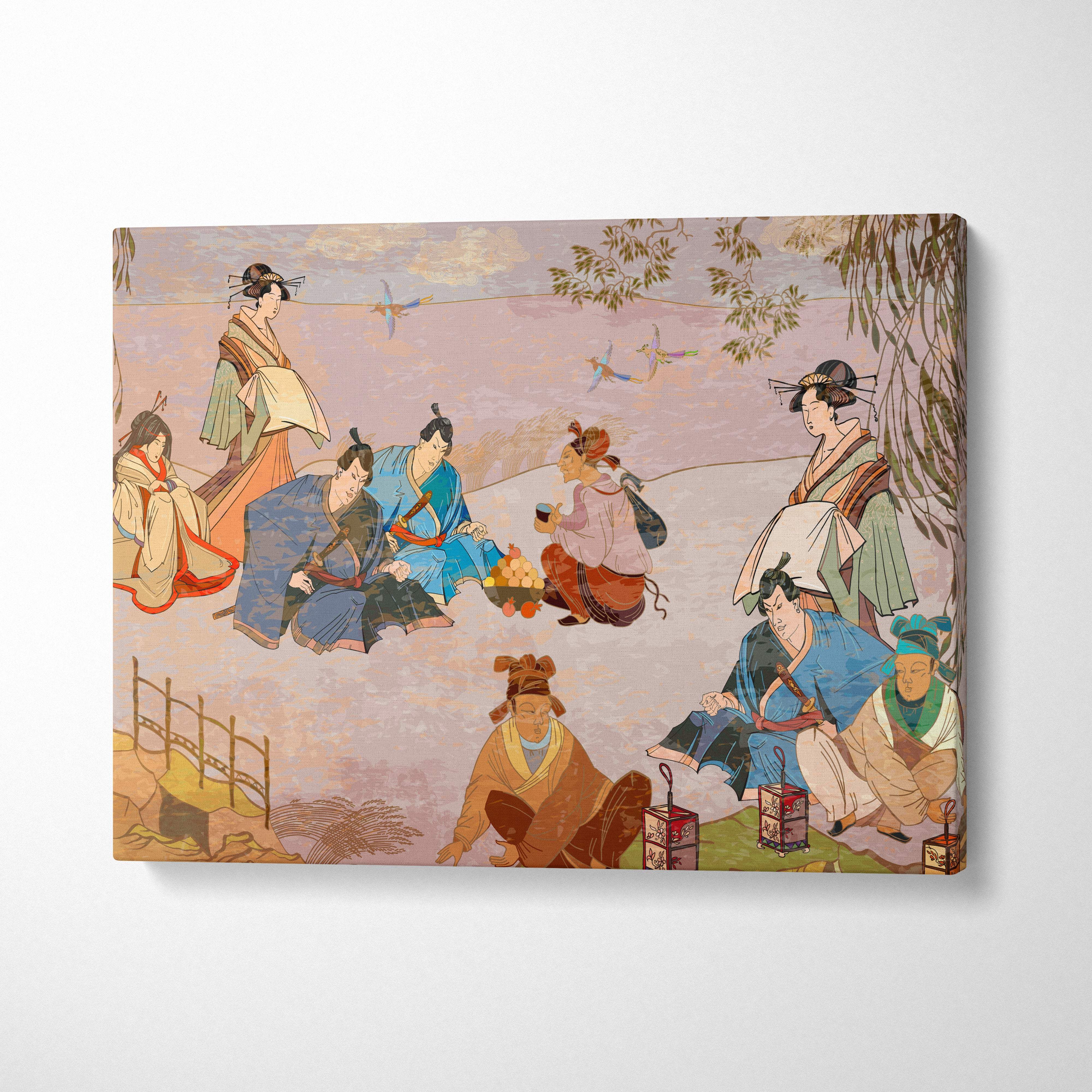 Rectangular canvas print of traditional japanese women in colorful kimonos under a willow tree in soft gold tones