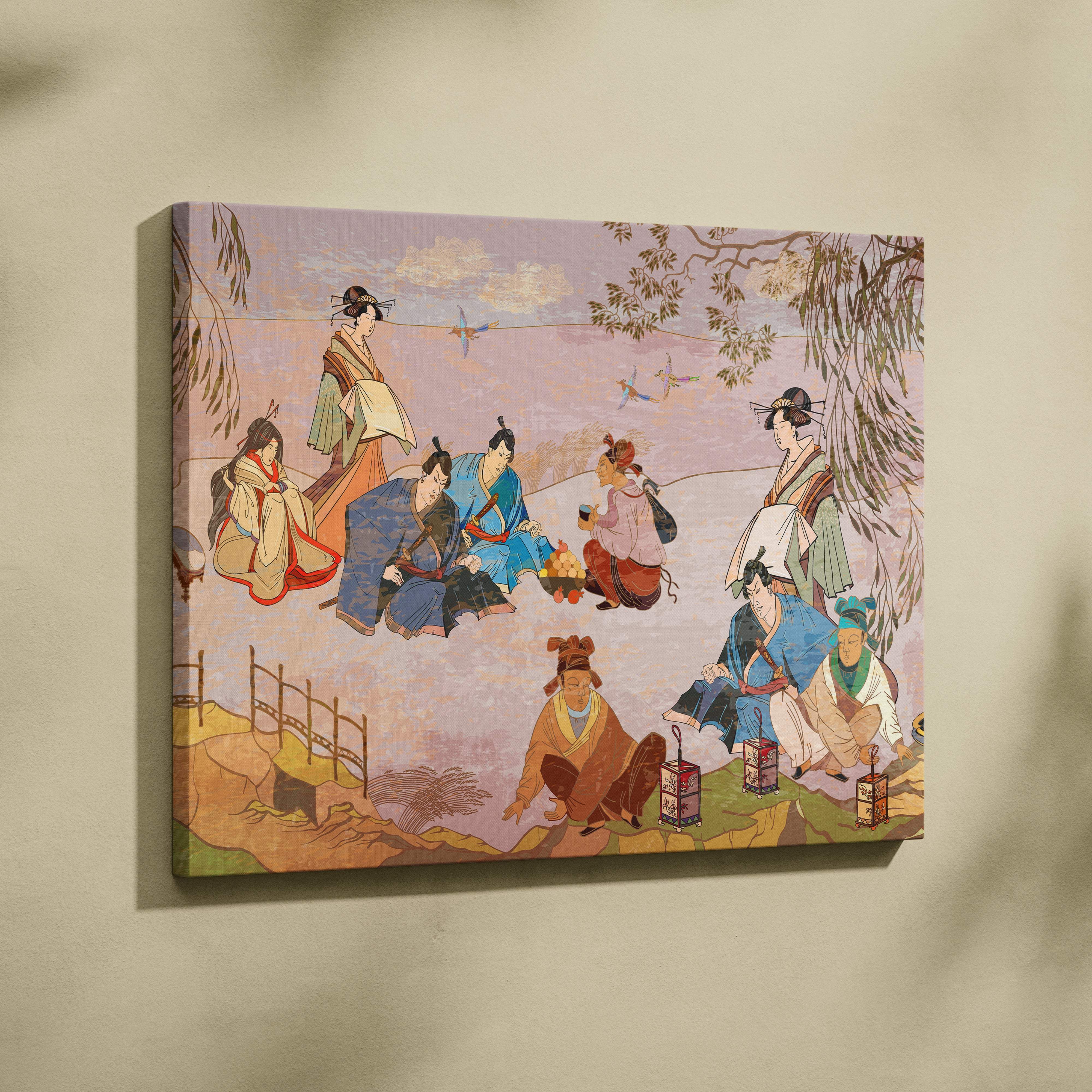 Vintage japanese gathering rectangular canvas print featuring colorful robes and a fire under willow trees in soft gold tones