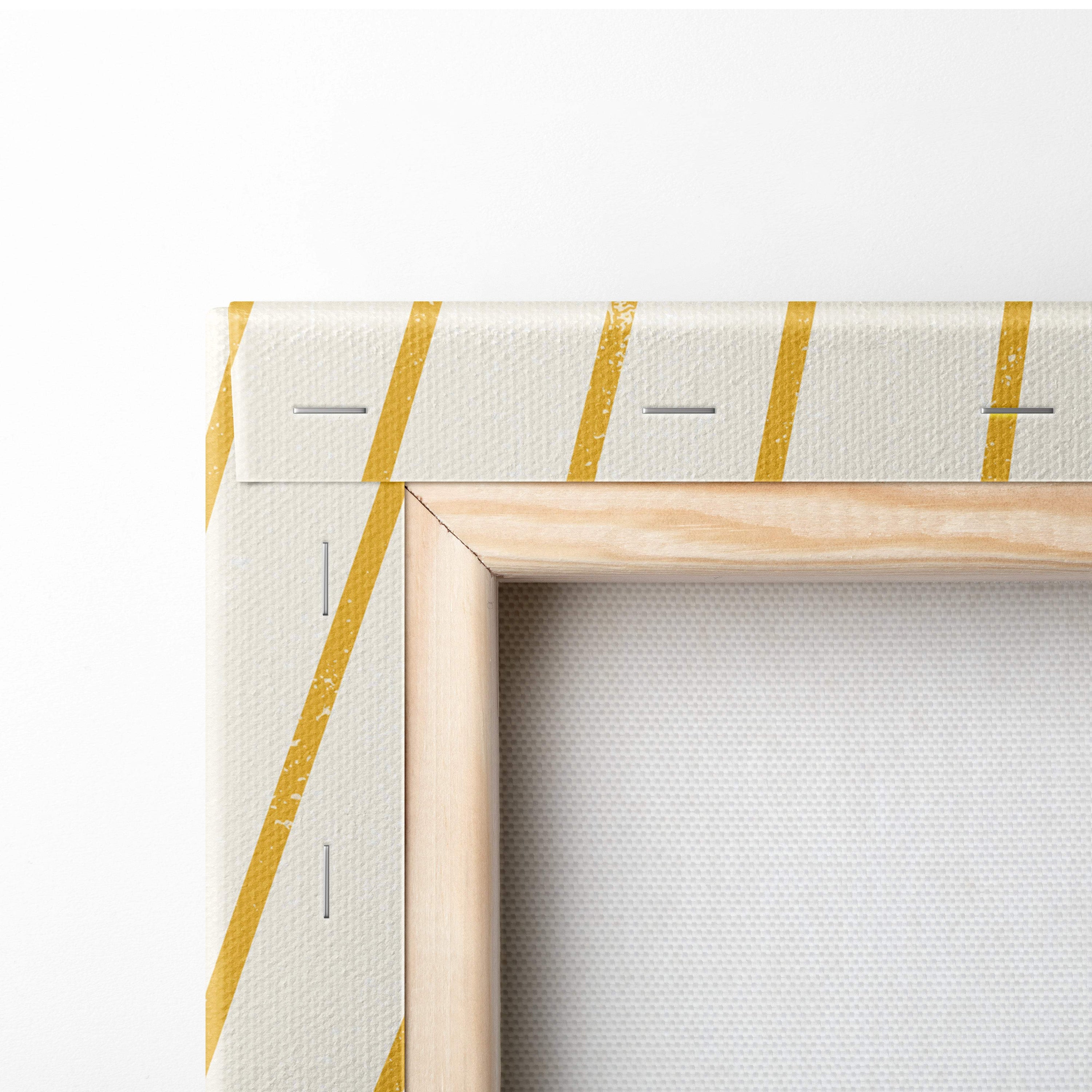 Boho sun rays canvas wall art with cream fabric, light wood frame, and diagonal gold stripes in mustard yellow tones