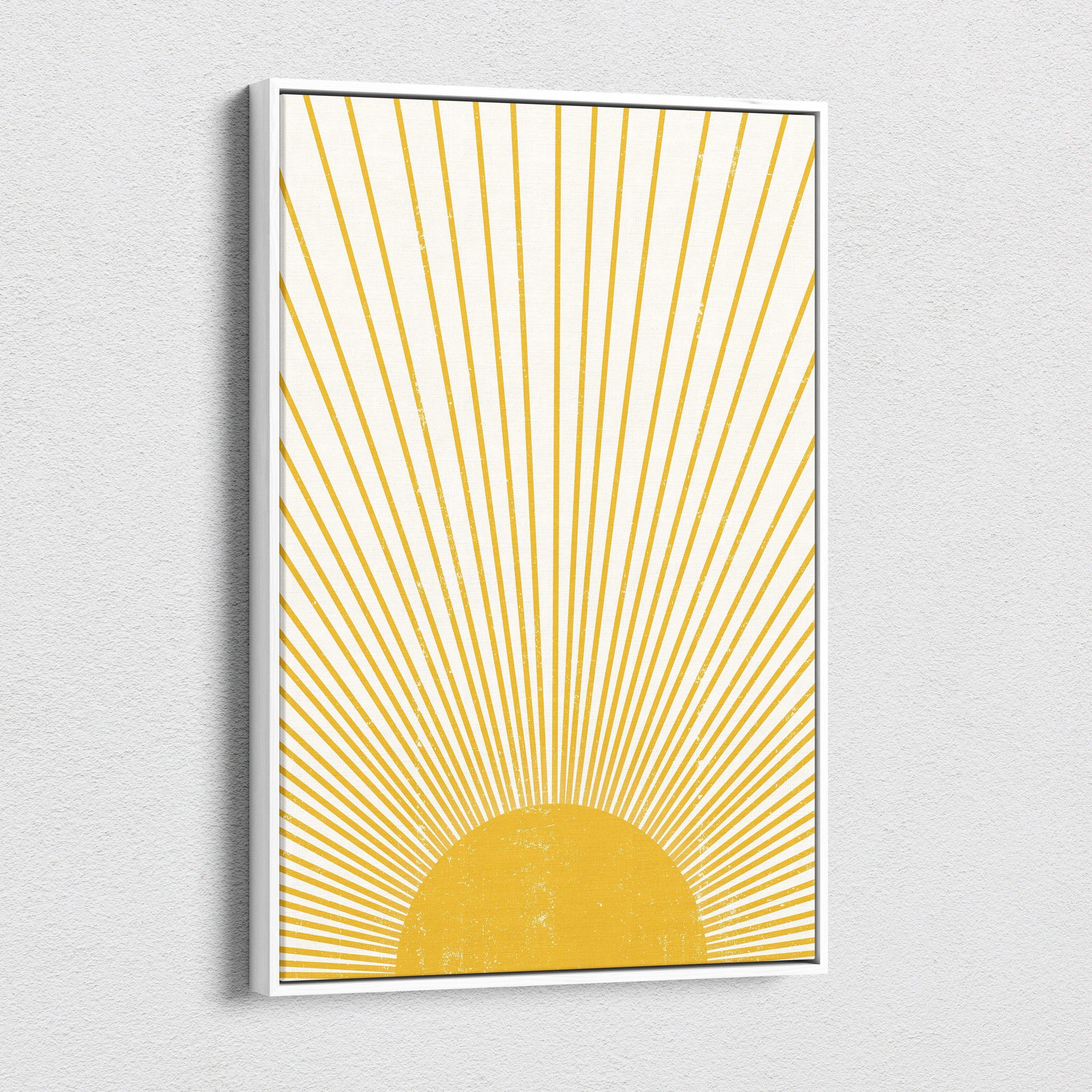 Boho sun rays canvas wall art featuring a stylized mustard yellow sun in a white frame for living room decor
