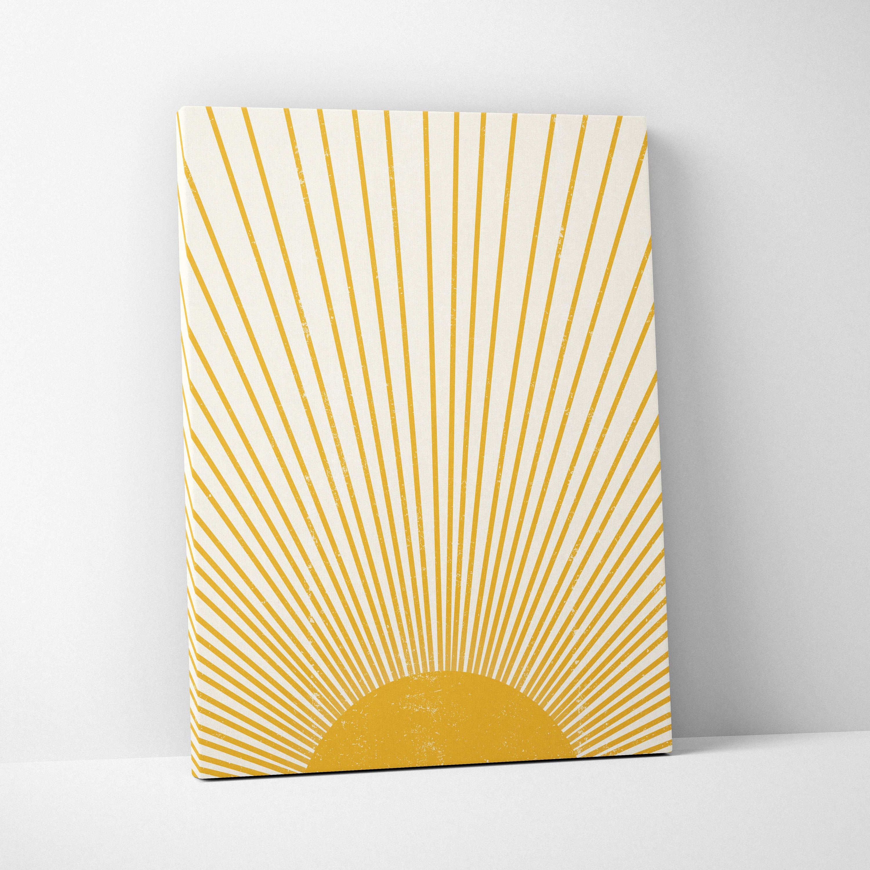 Boho sun rays canvas wall art featuring a minimalist mustard yellow sunburst design on off-white background for modern decor
