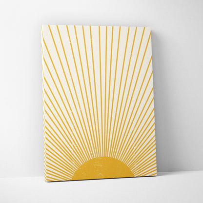 Boho sun rays canvas wall art featuring a minimalist mustard yellow sunburst design on off-white background for modern decor