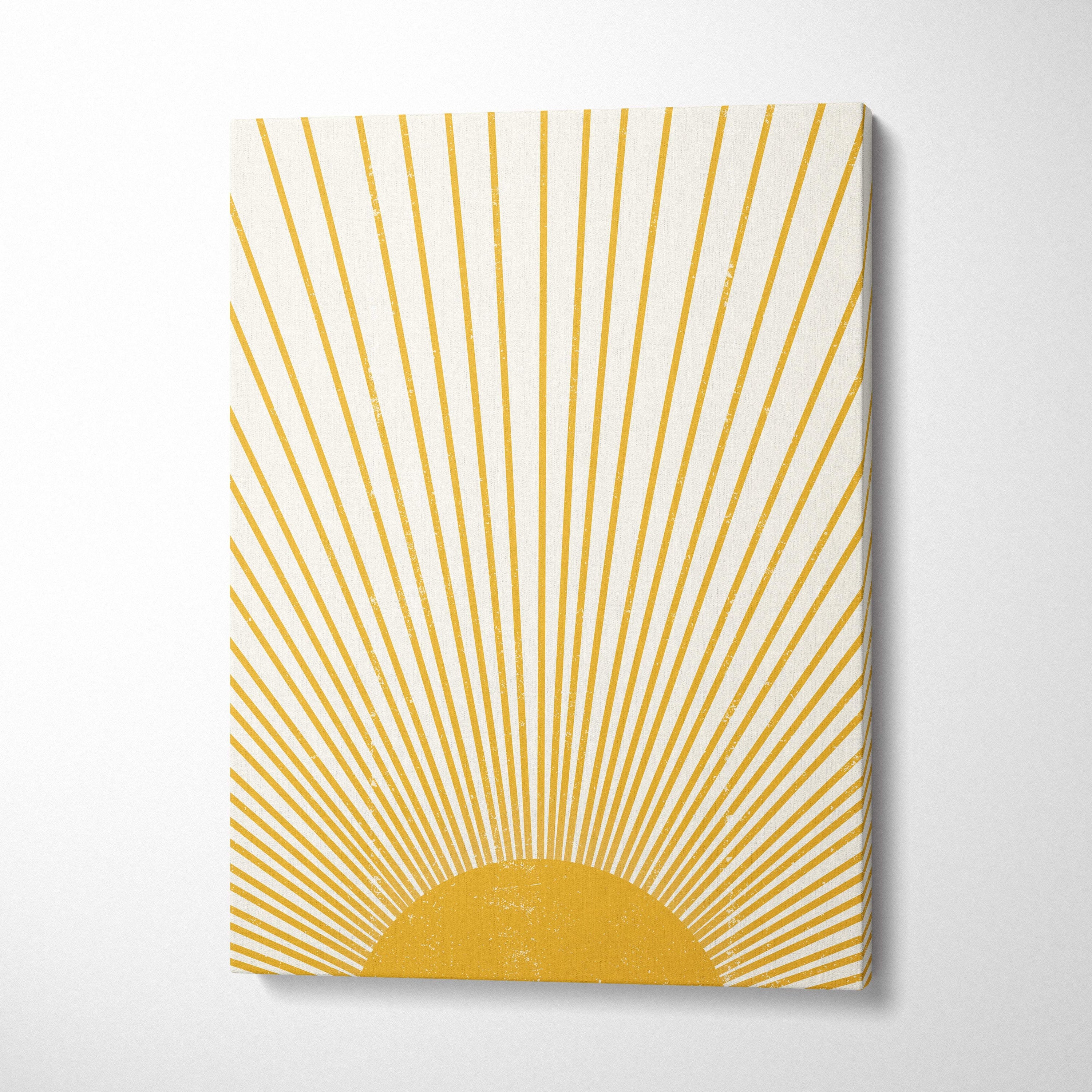 Boho sun rays canvas wall art featuring a minimalist mustard yellow sun on off-white for living room decor