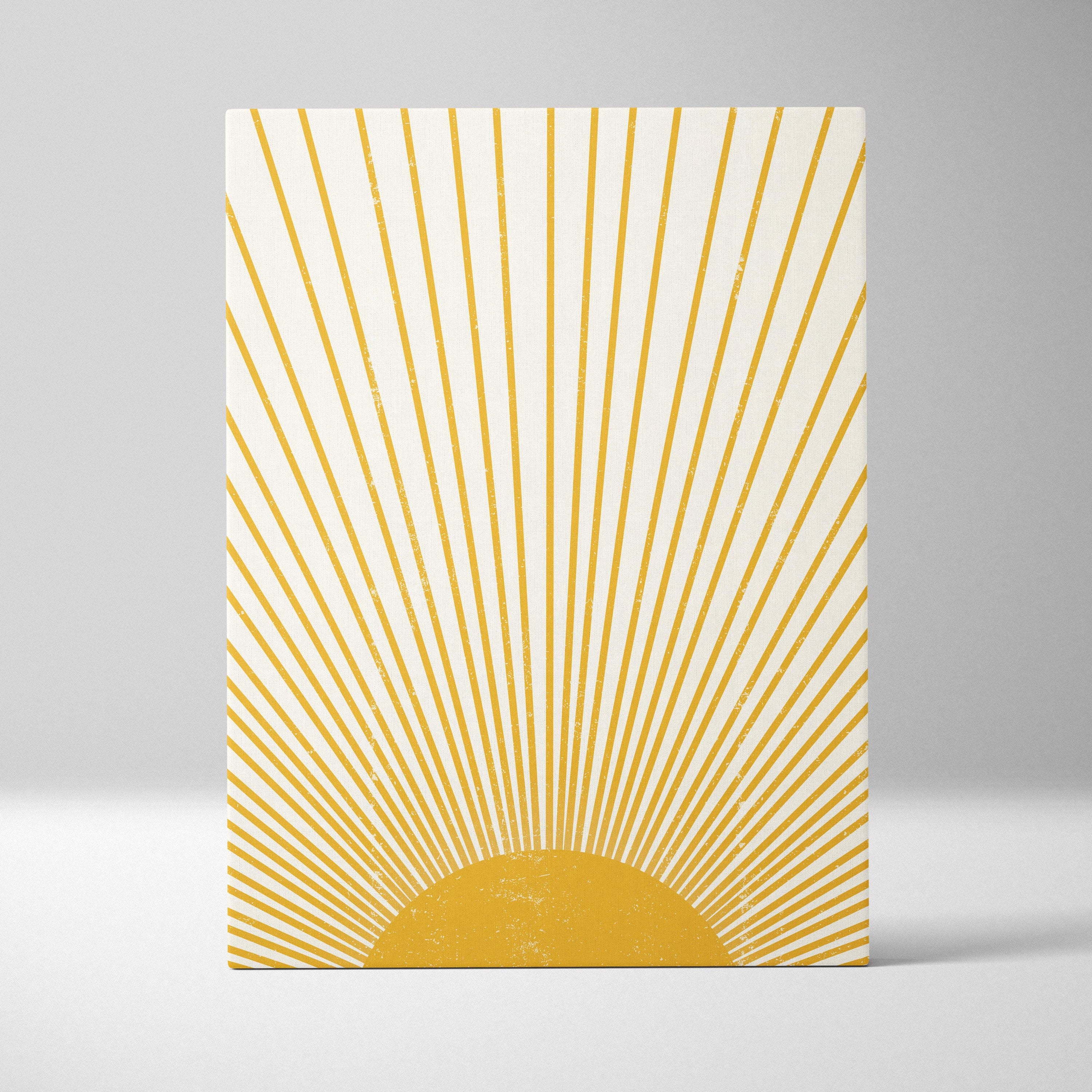 Boho sun rays canvas wall art featuring a minimalist mustard yellow sun with radiating lines on off-white background