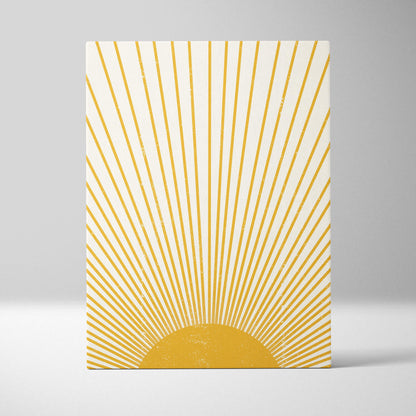 Boho sun rays canvas wall art featuring a minimalist mustard yellow sun with radiating lines on off-white background