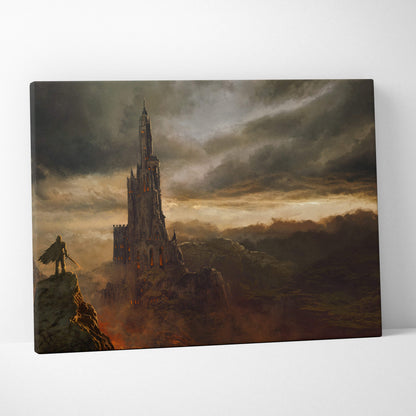 Dark fantasy tower canvas wall art featuring a gothic castle with stormy skies and warm sunset lighting on stretched canvas