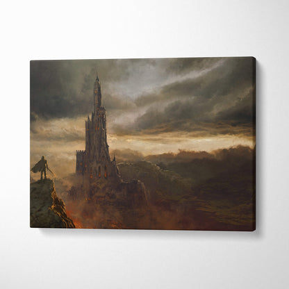 Dark fantasy tower canvas wall art featuring a gothic castle with glowing windows under stormy skies on cliffside