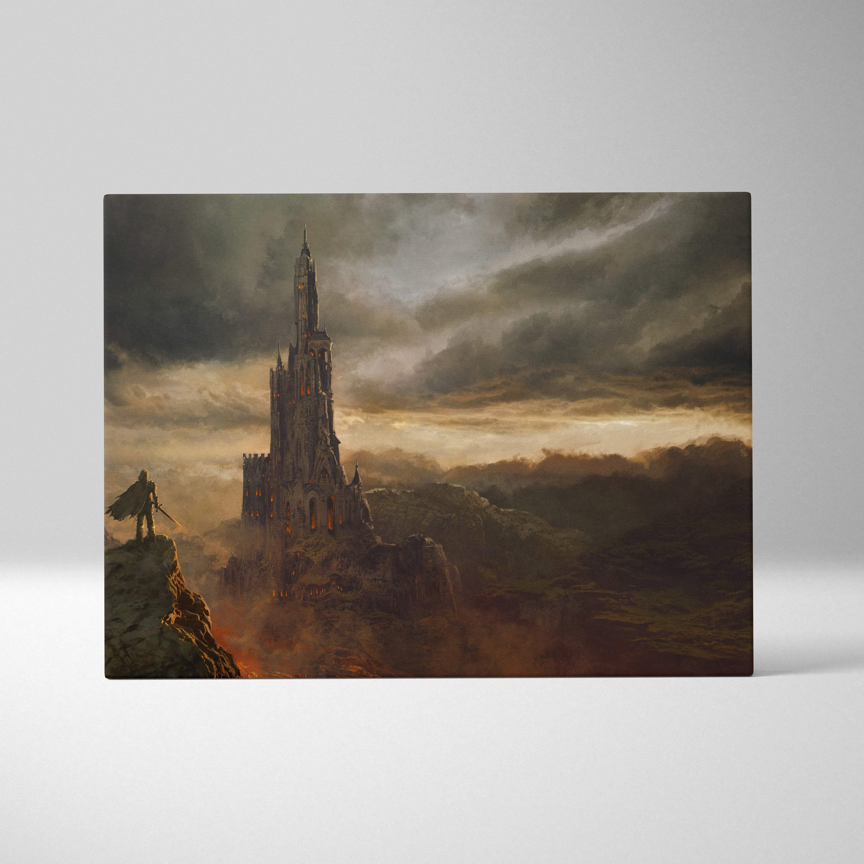Rectangular canvas print of a dark fantasy gothic castle with stormy skies and warm golden light breaking through clouds