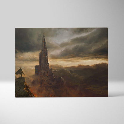 Rectangular canvas print of a dark fantasy gothic castle with stormy skies and warm golden light breaking through clouds