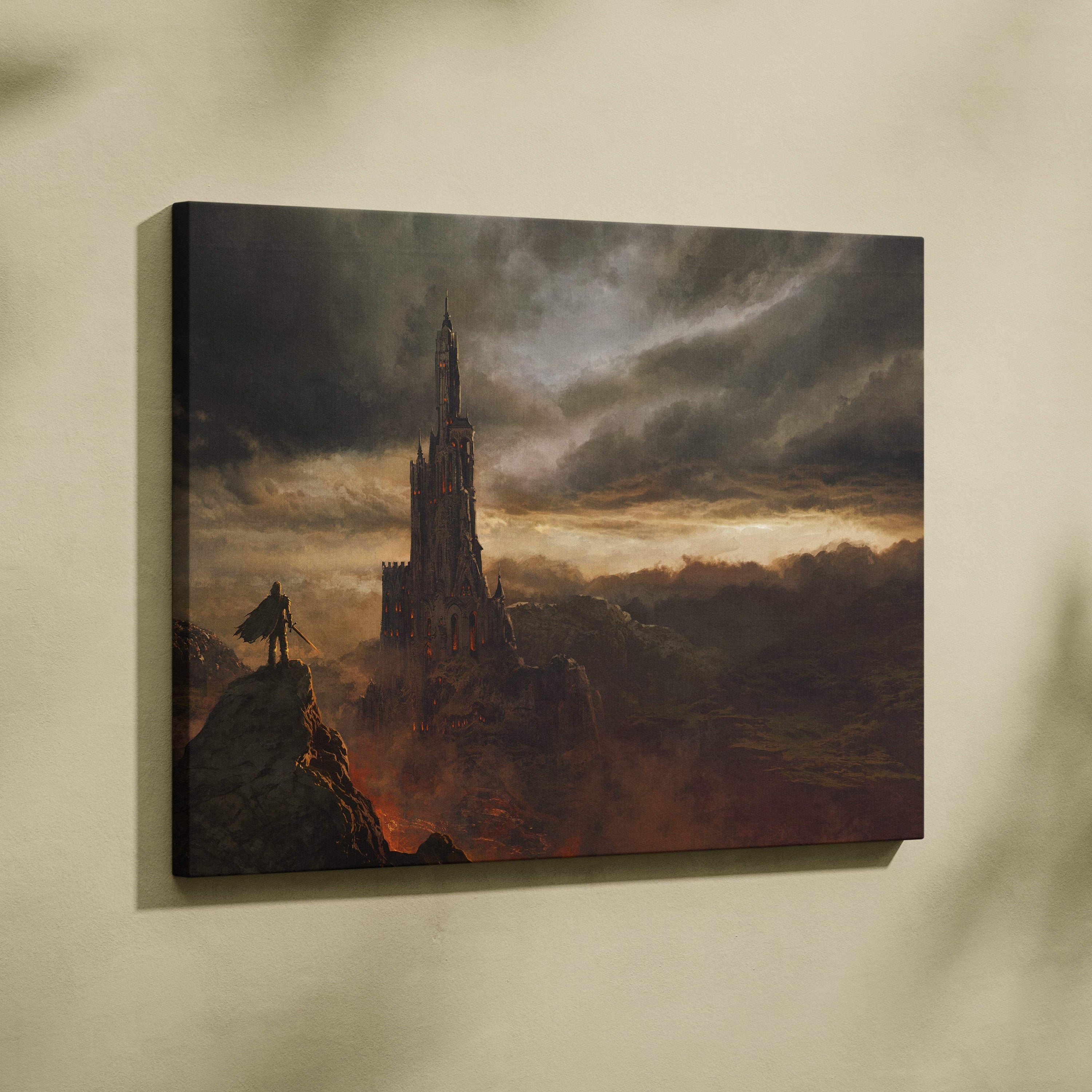 Dark fantasy tower canvas wall art featuring a gothic castle under stormy orange and gray skies for medieval decor