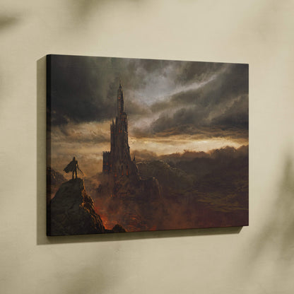 Dark fantasy tower canvas wall art featuring a gothic castle under stormy orange and gray skies for medieval decor