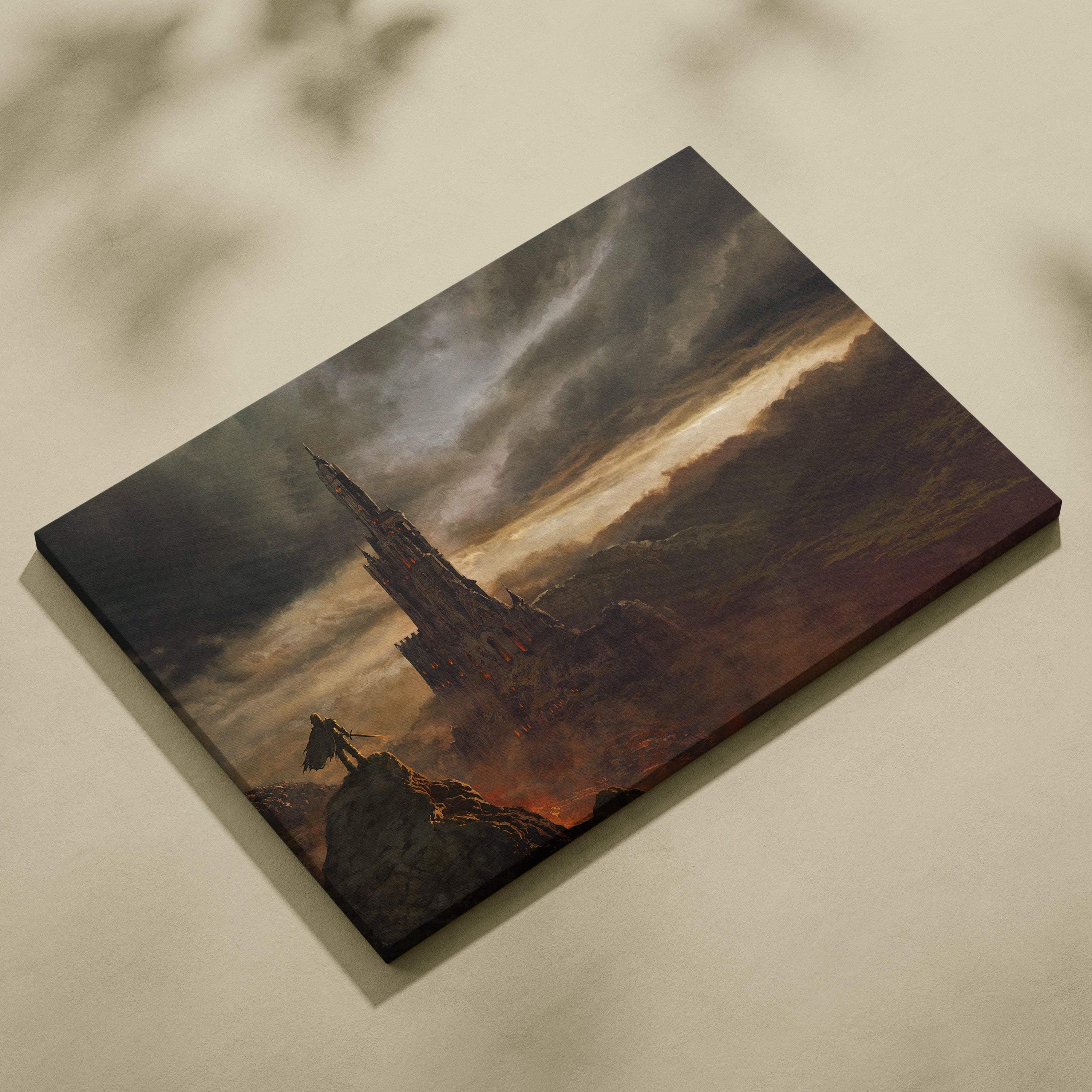 Dark fantasy tower canvas wall art showing a lone warrior facing a gothic fortress under stormy skies on a dark canvas