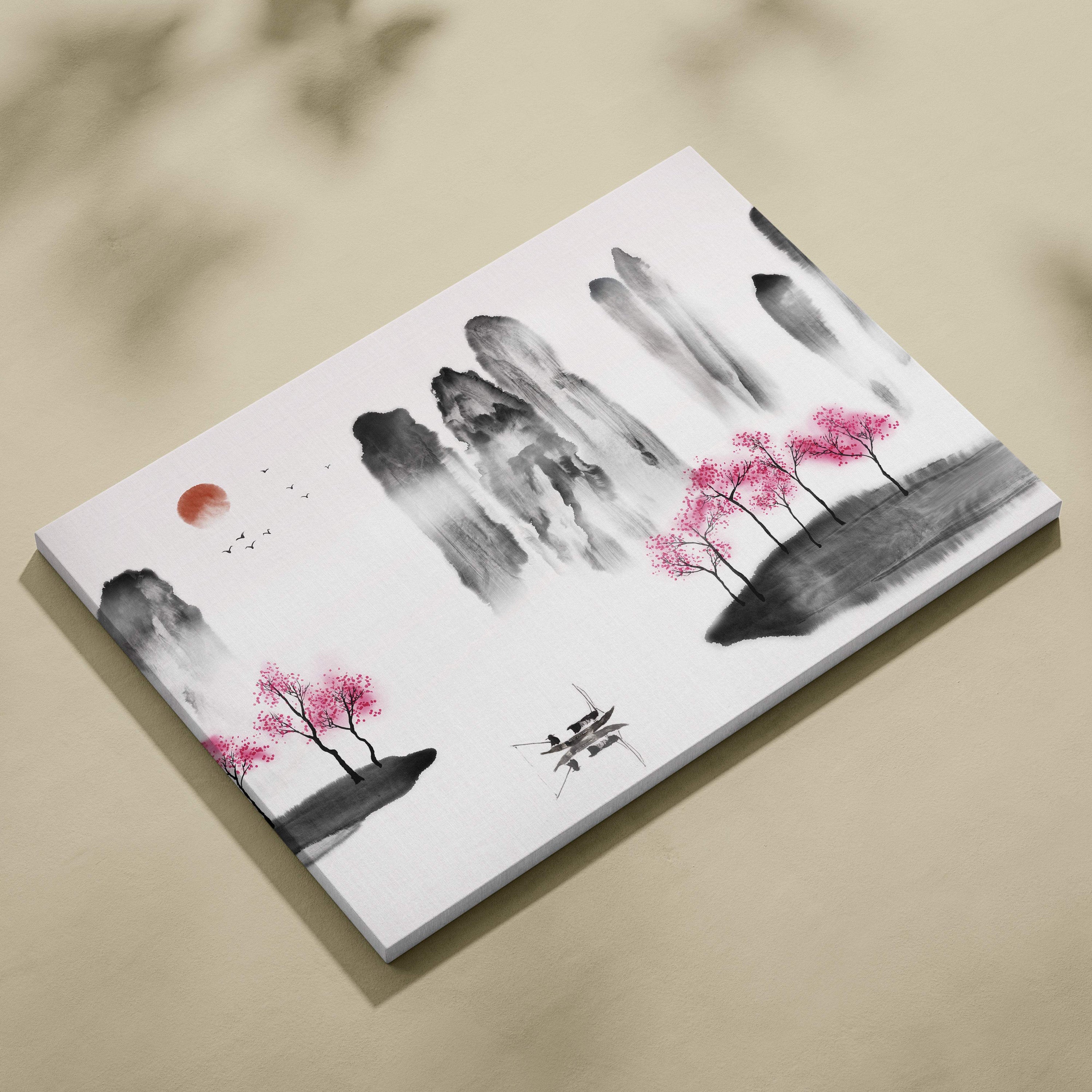 Cherry blossom mountain lake canvas wall art with pink cherry blossoms black ink wash mountains and orange sun for zen decor