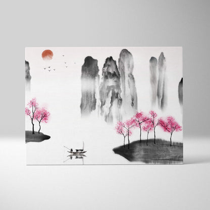 Minimalist pink asian ink painting of cherry blossom mountains lake with a small boat and orange sun on canvas wall art