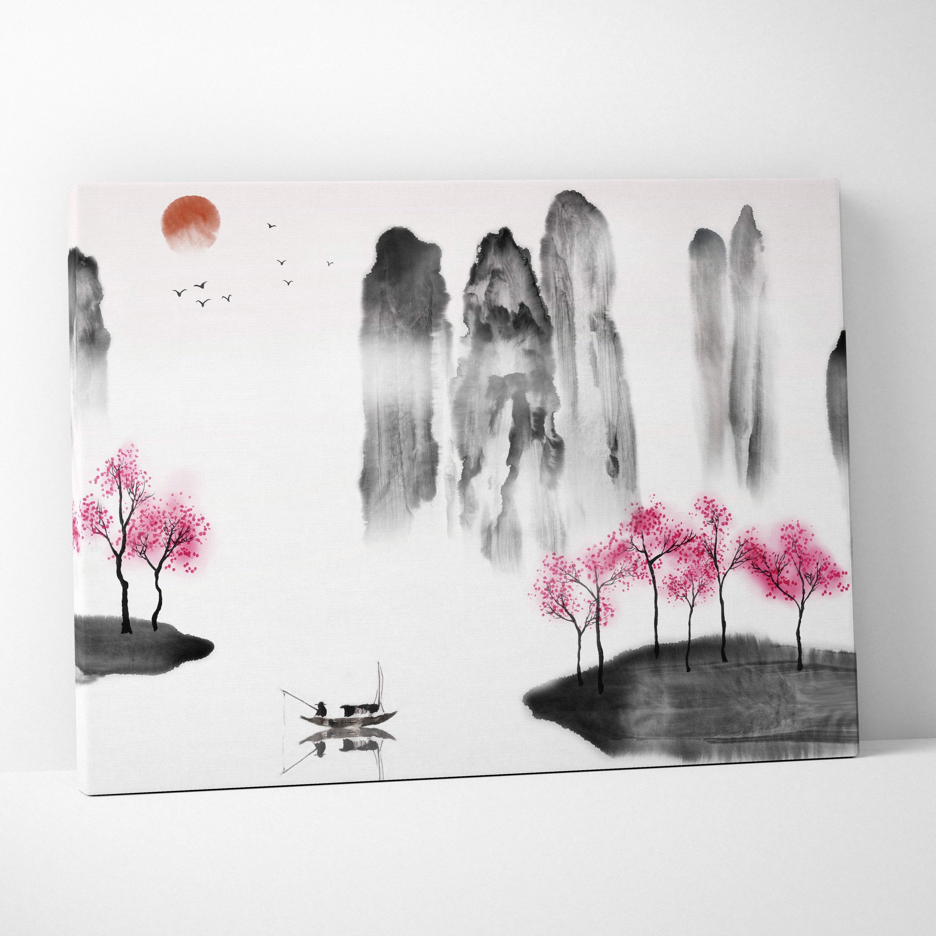 Minimalist canvas wall art featuring pink cherry blossoms ink-wash mountains and a boat under an orange sun
