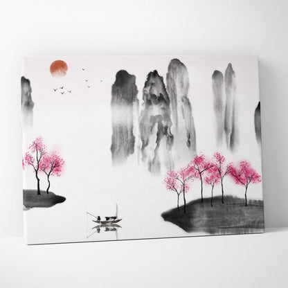 Minimalist canvas wall art featuring pink cherry blossoms ink-wash mountains and a boat under an orange sun