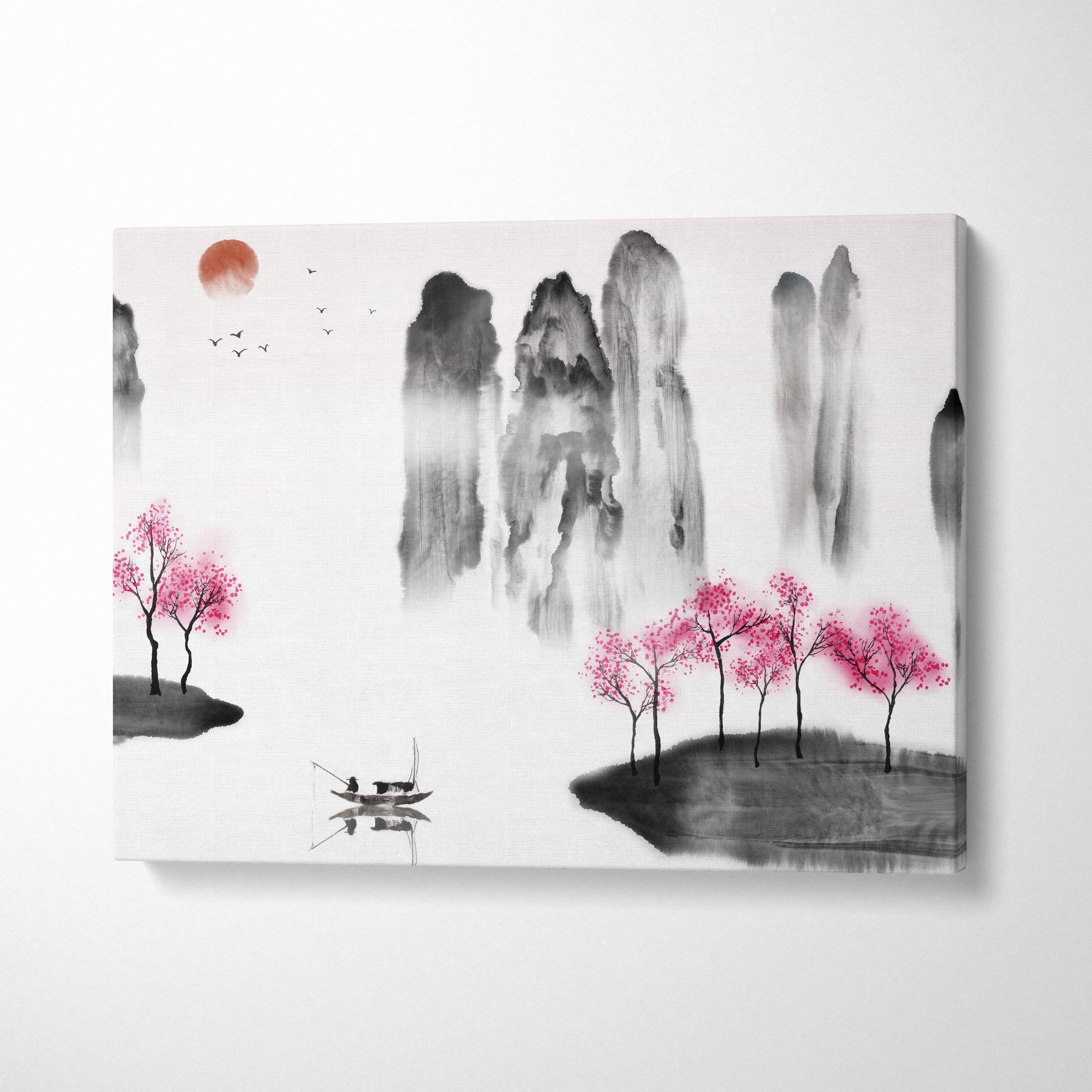 Cherry blossom mountain lake canvas wall art with black and white ink-wash mountains pink trees and orange sun decor