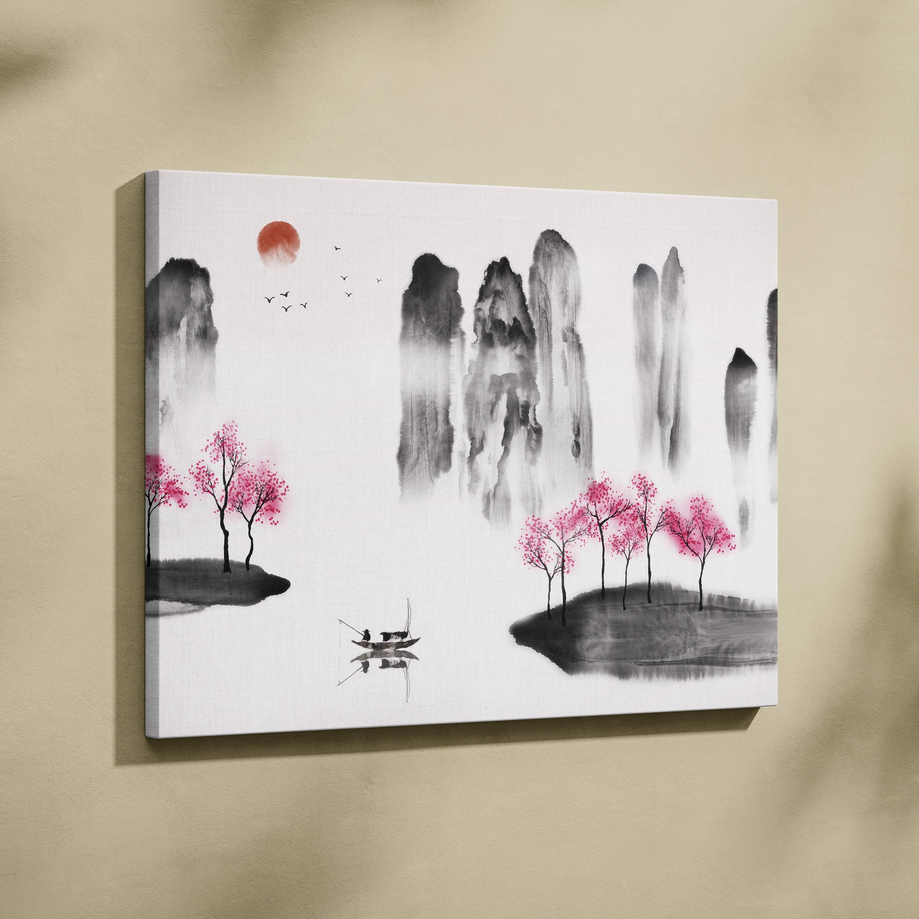 Cherry blossom mountain lake canvas wall art featuring pink ink-wash trees, mountains, boat, and red sun zen decor