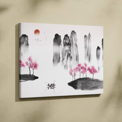 Cherry blossom mountain lake canvas wall art featuring pink ink-wash trees, mountains, boat, and red sun zen decor