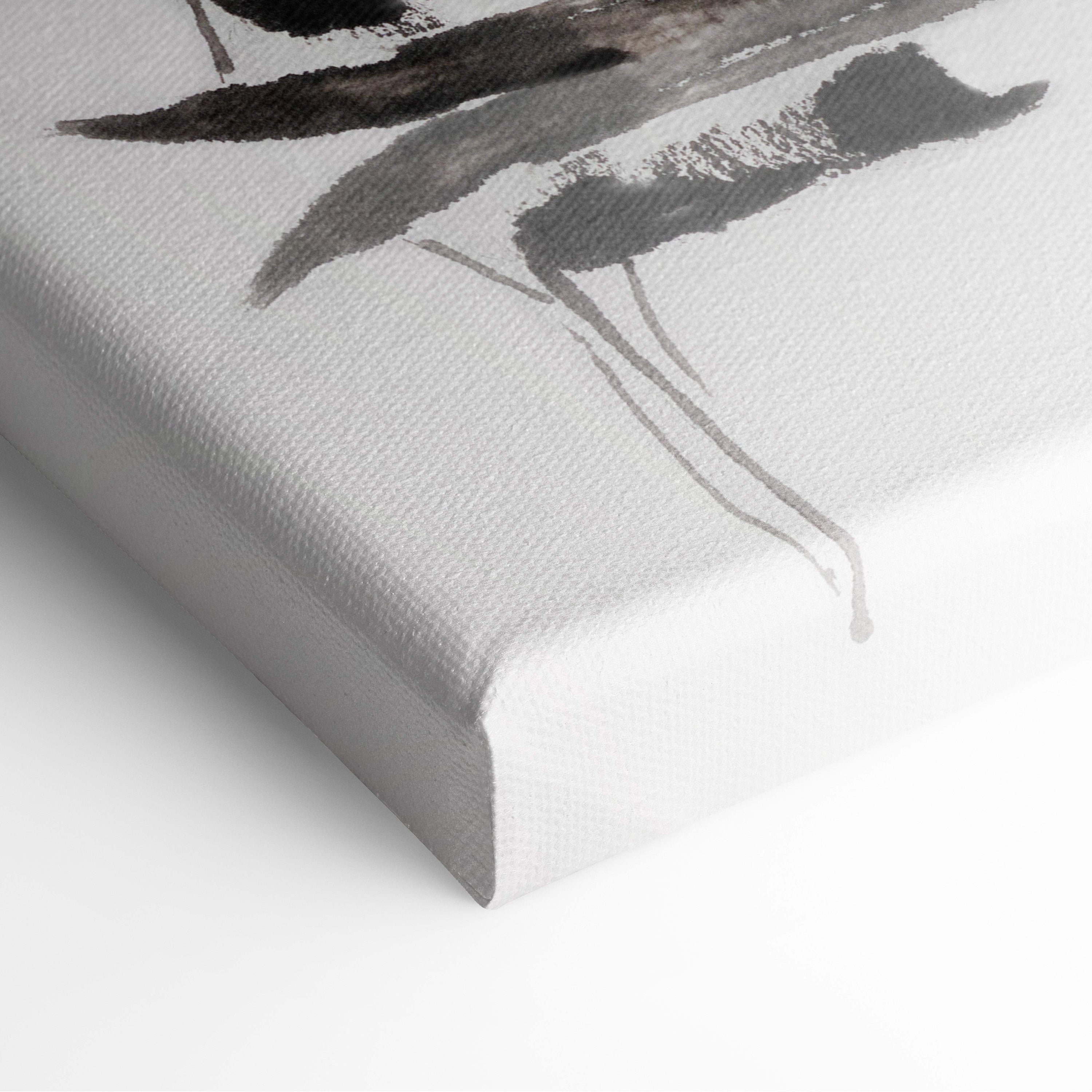 Black ink brushstroke on textured white canvas pink cherry blossom lake canvas wall art zen boat landscape decor