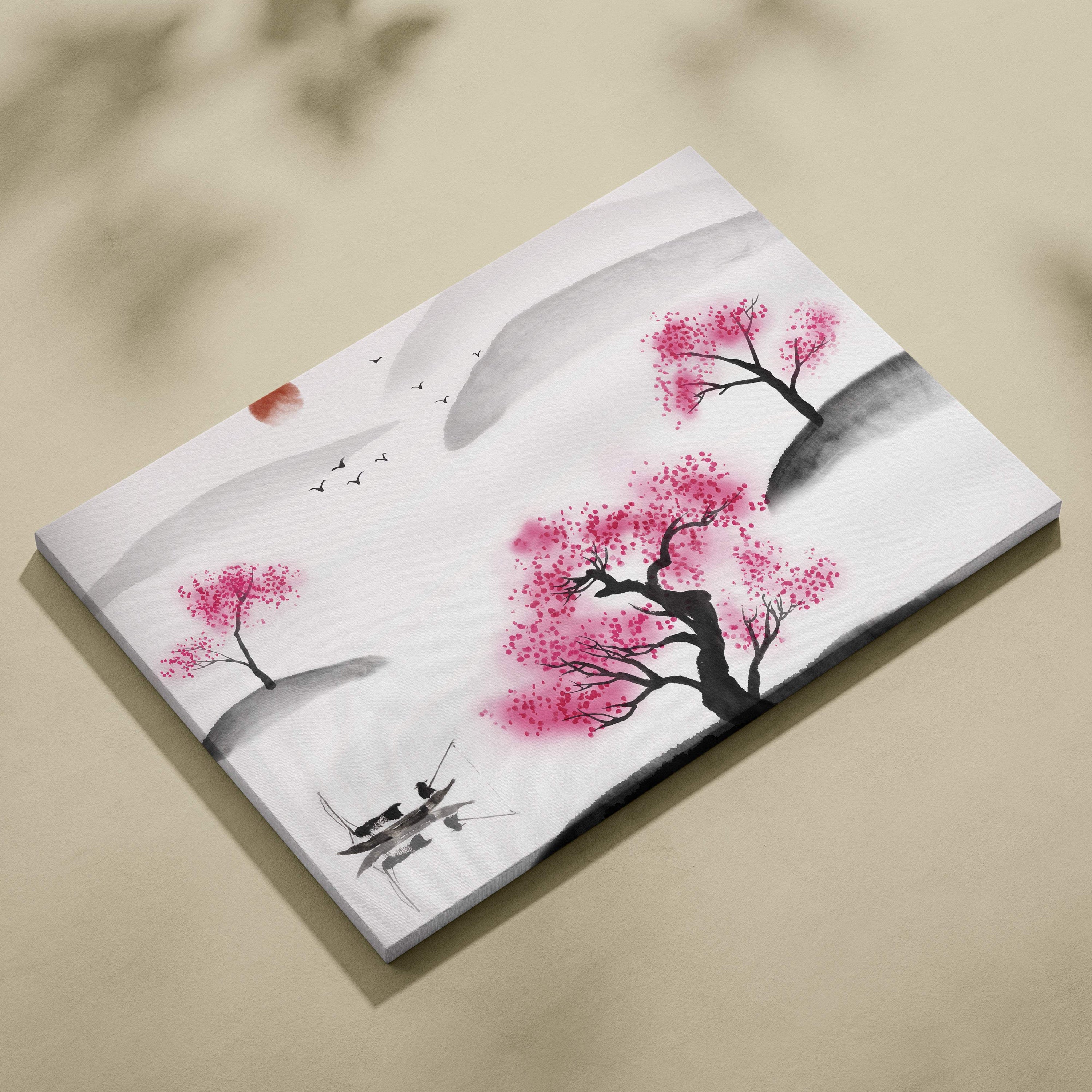 Pink cherry blossom lake canvas wall art with minimalist ink wash painting of vibrant pink trees gray hills and black boat silhouette