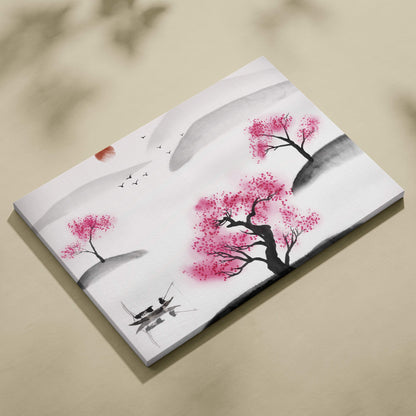 Pink cherry blossom lake canvas wall art with minimalist ink wash painting of vibrant pink trees gray hills and black boat silhouette