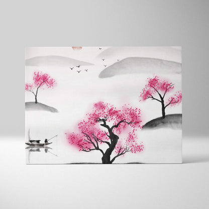 Pink cherry blossom lake canvas wall art showing ink-wash painting of vibrant trees and peaceful zen boat landscape