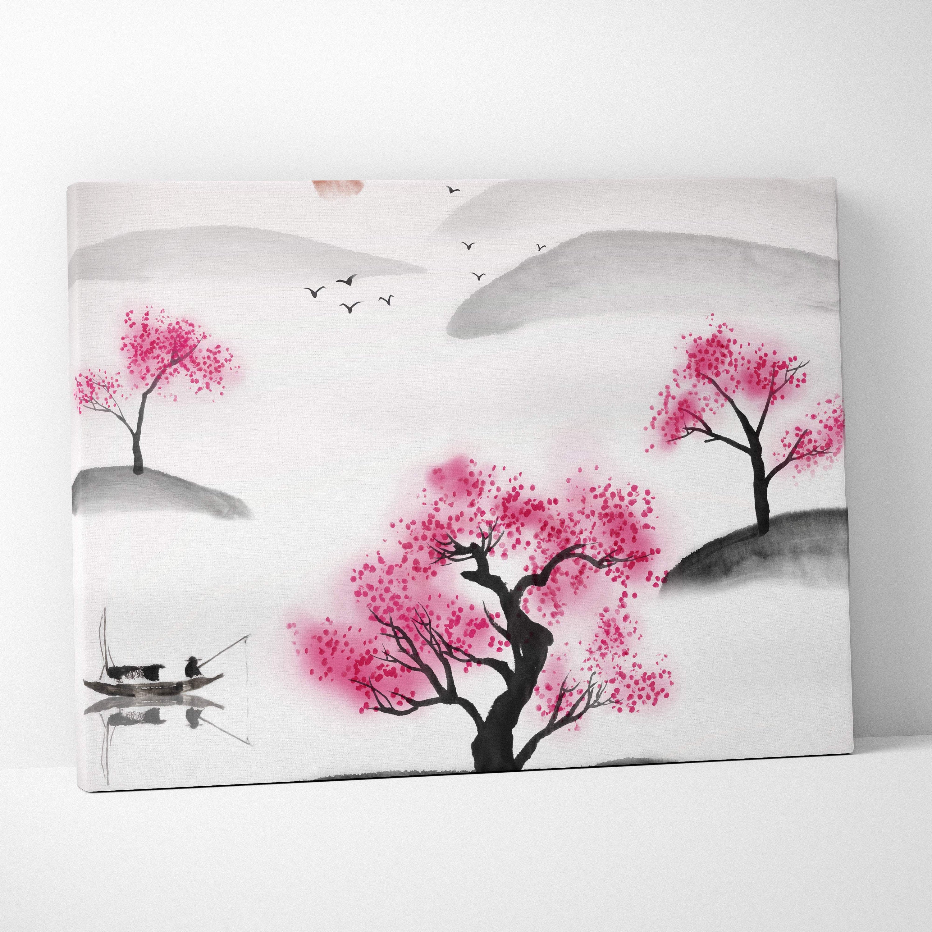 Pink cherry blossom lake canvas wall art with minimalist ink-wash painting of trees hills birds and fisherman in black gray