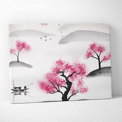 Pink cherry blossom lake canvas wall art with minimalist ink-wash painting of trees hills birds and fisherman in black gray