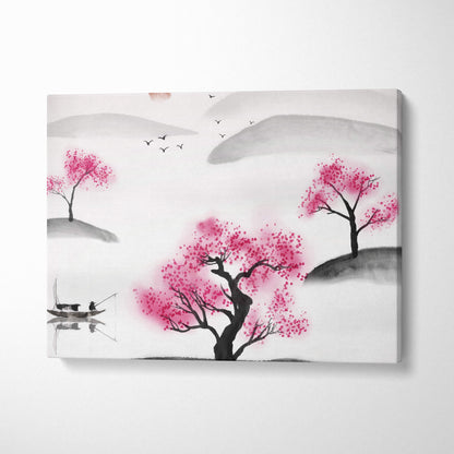 Minimalist pink cherry blossom lake canvas wall art with ink-wash style trees and peaceful zen boat landscape decor
