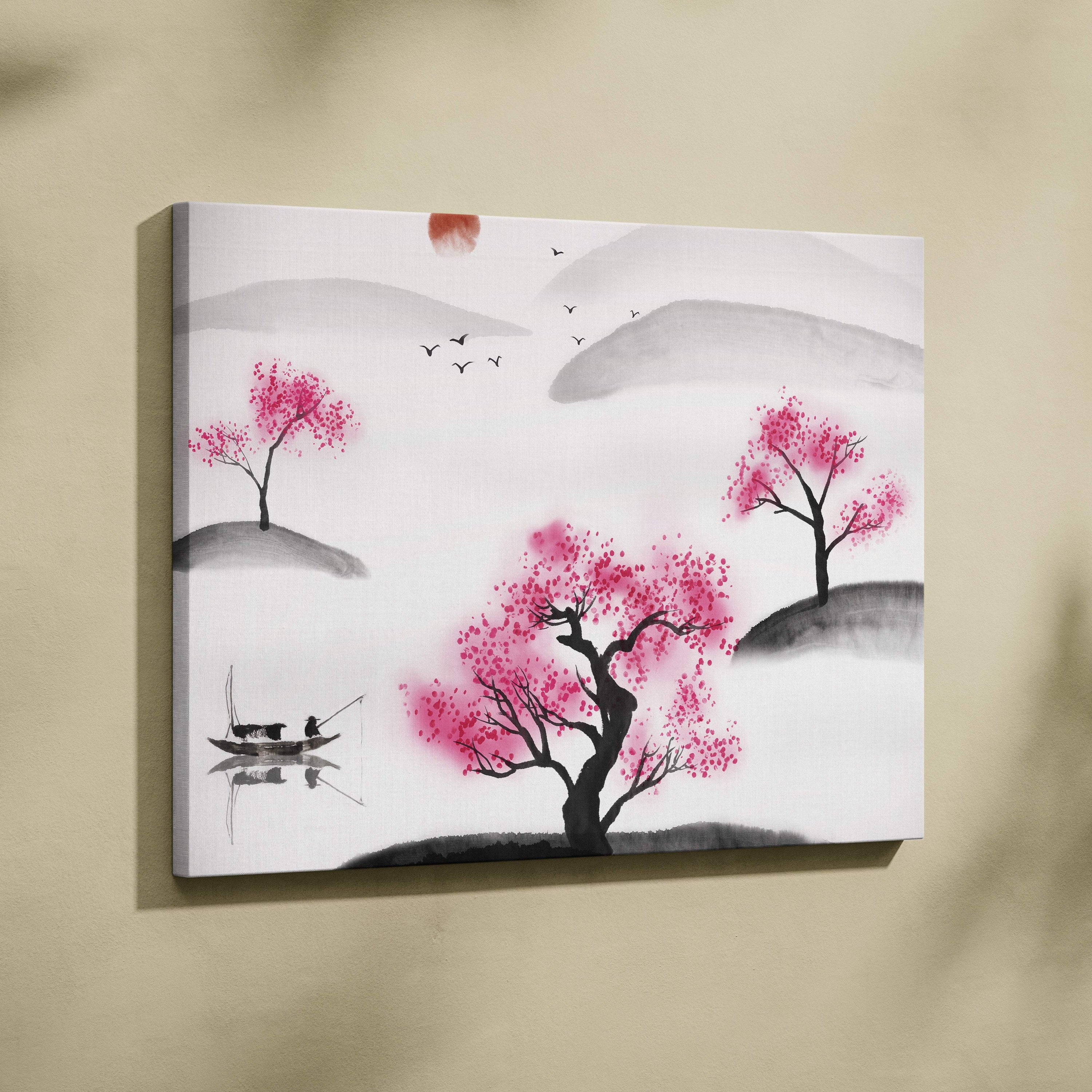 Minimalist canvas painting of vibrant pink cherry blossom trees in black gray ink wash style for peaceful wall decor