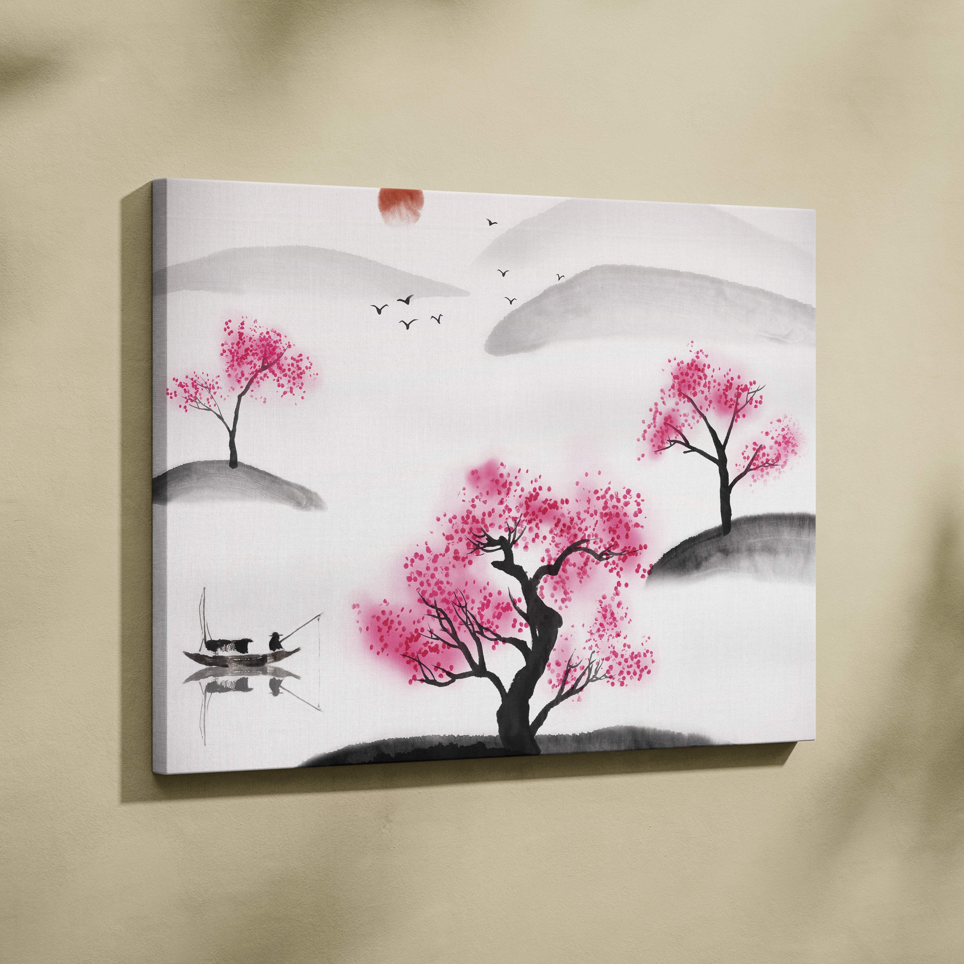 Minimalist canvas painting of vibrant pink cherry blossom trees in black gray ink wash style for peaceful wall decor
