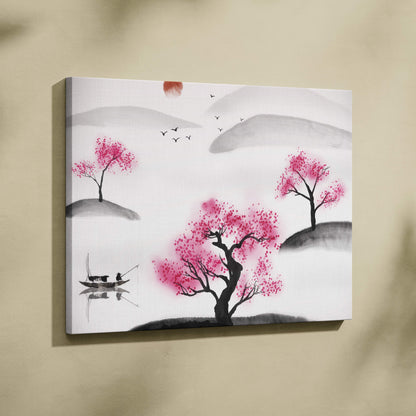 Minimalist canvas painting of vibrant pink cherry blossom trees in black gray ink wash style for peaceful wall decor