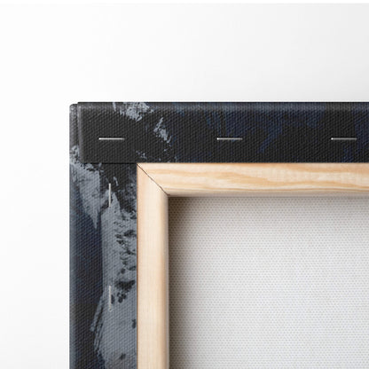 A minimalist dark fantasy ruins canvas print with black textured border and light wood frame for gothic decor
