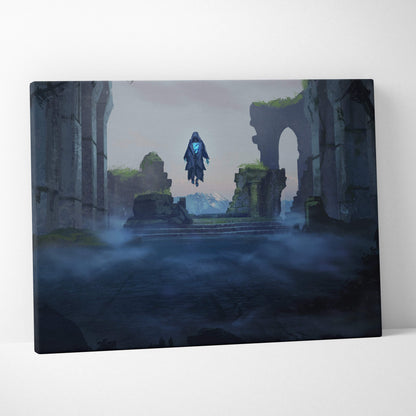 Dark fantasy ruins canvas print featuring a cloaked figure with glowing blue accents over misty gothic ruins