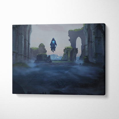 Dark fantasy ruins canvas print showing a cloaked figure floating above misty ruins with glowing blue accents