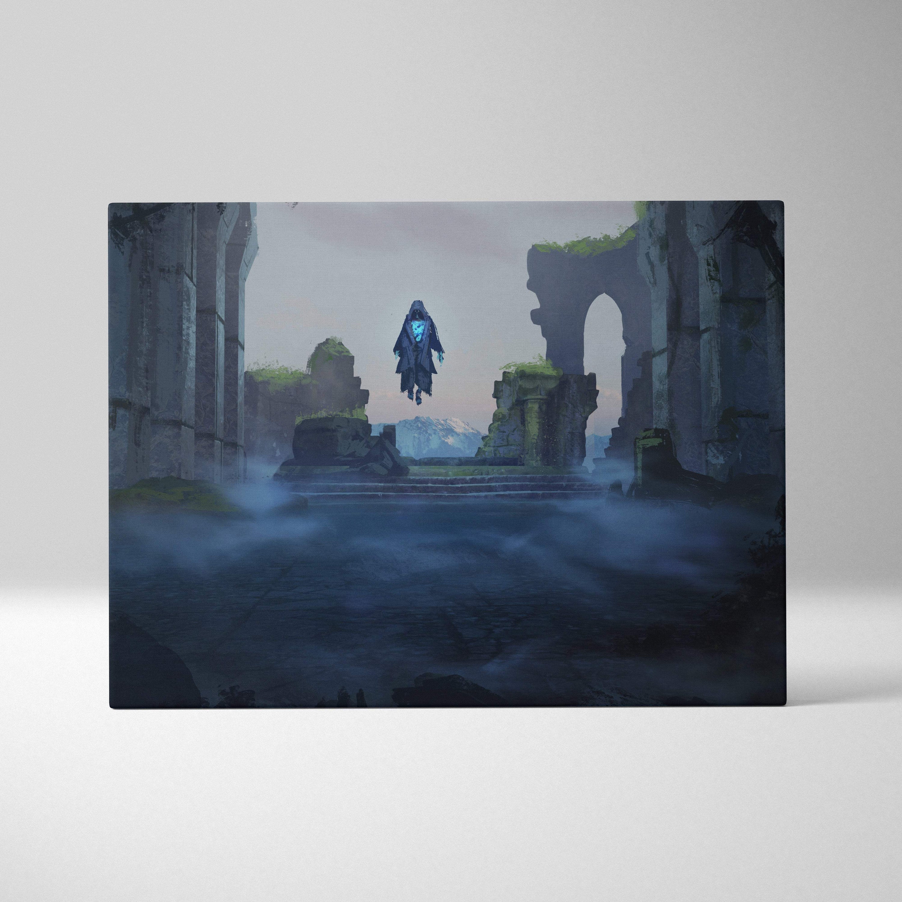 Dark fantasy ruins canvas print featuring a glowing blue hooded ghost floating over misty ancient stone ruins
