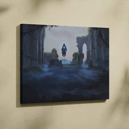 Dark fantasy ruins canvas print featuring a blue glowing ghost figure in misty moss-covered gothic stone arches